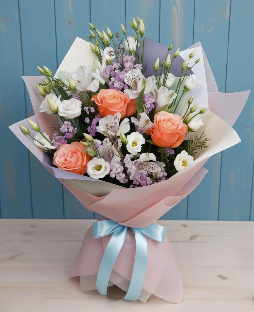 Букет цветов из: Лизиантусы, Розы, Альстромерии и Гипсофила в Алупке